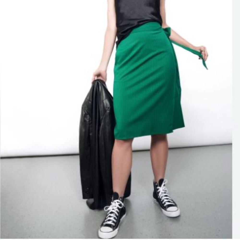 Wildfang Green Empower Pinstripe Wraparound Skirt - size XS